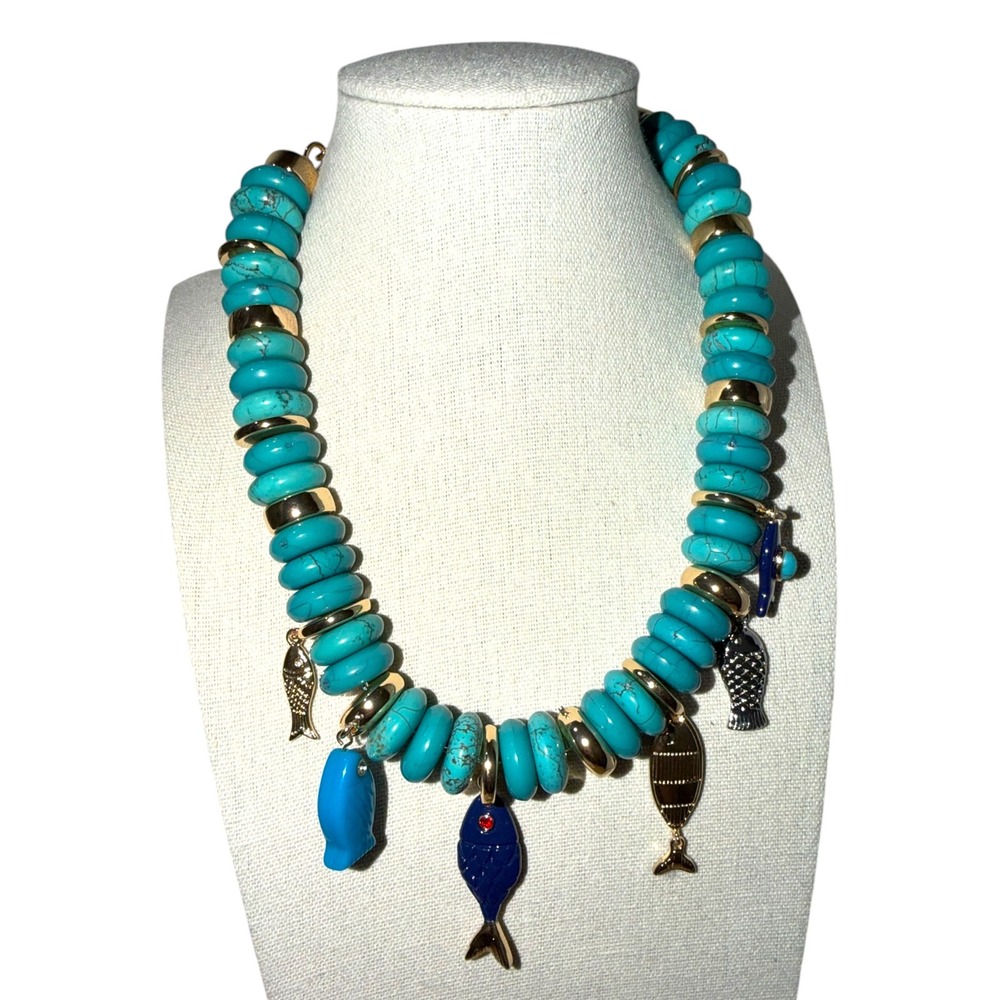 Chicos Runway Fish‎ Turquoise Bead Statement Necklace Gold Tone Charm NWT $79.50